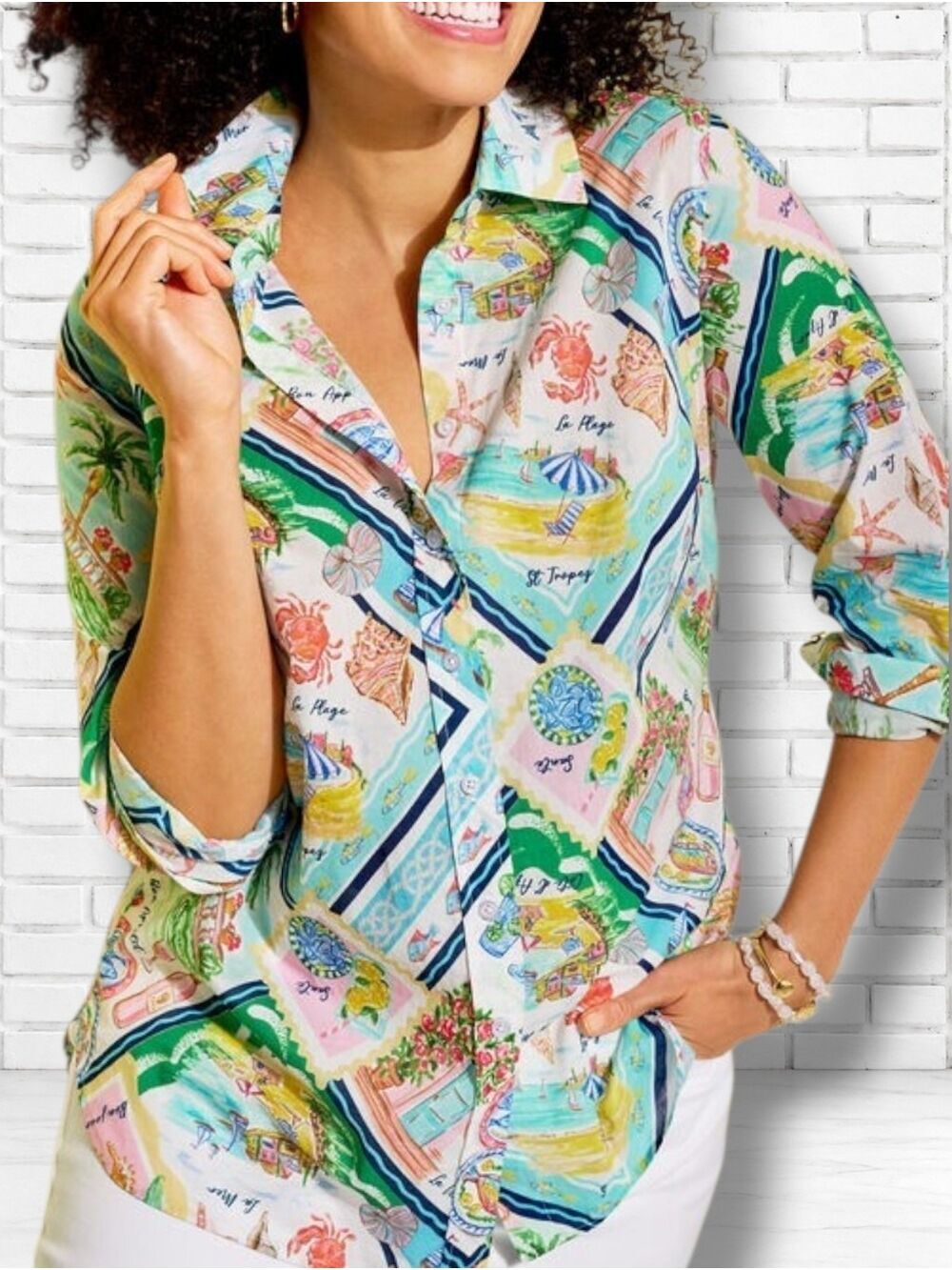 Talbots Size M St. Tropez Coastal Multi Colour Print Button-Down Shirt
